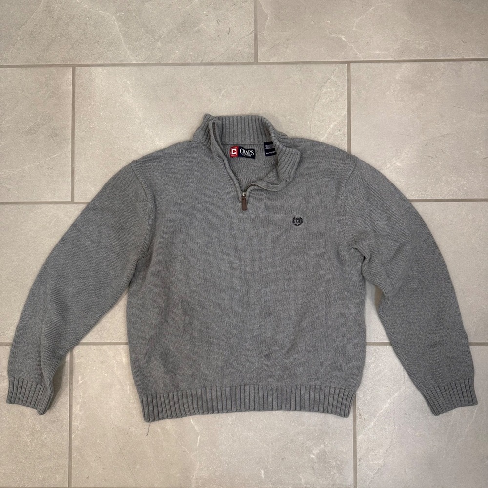 Chaps Mens XL Gray Quarter Zip Cotton Knit Sweater Mock Neck Pullover Logo